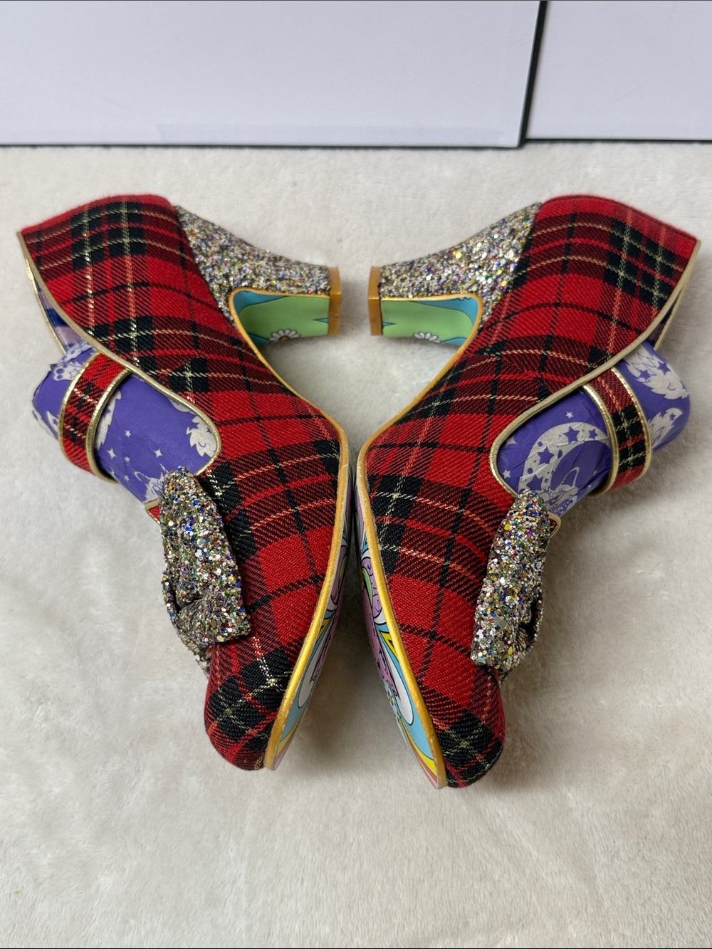 Irregular Choice "Piccolo" Red Tartan Mid Heels w/ Glitter Bows & Hilda Sole 9 - Picture 3 of 12